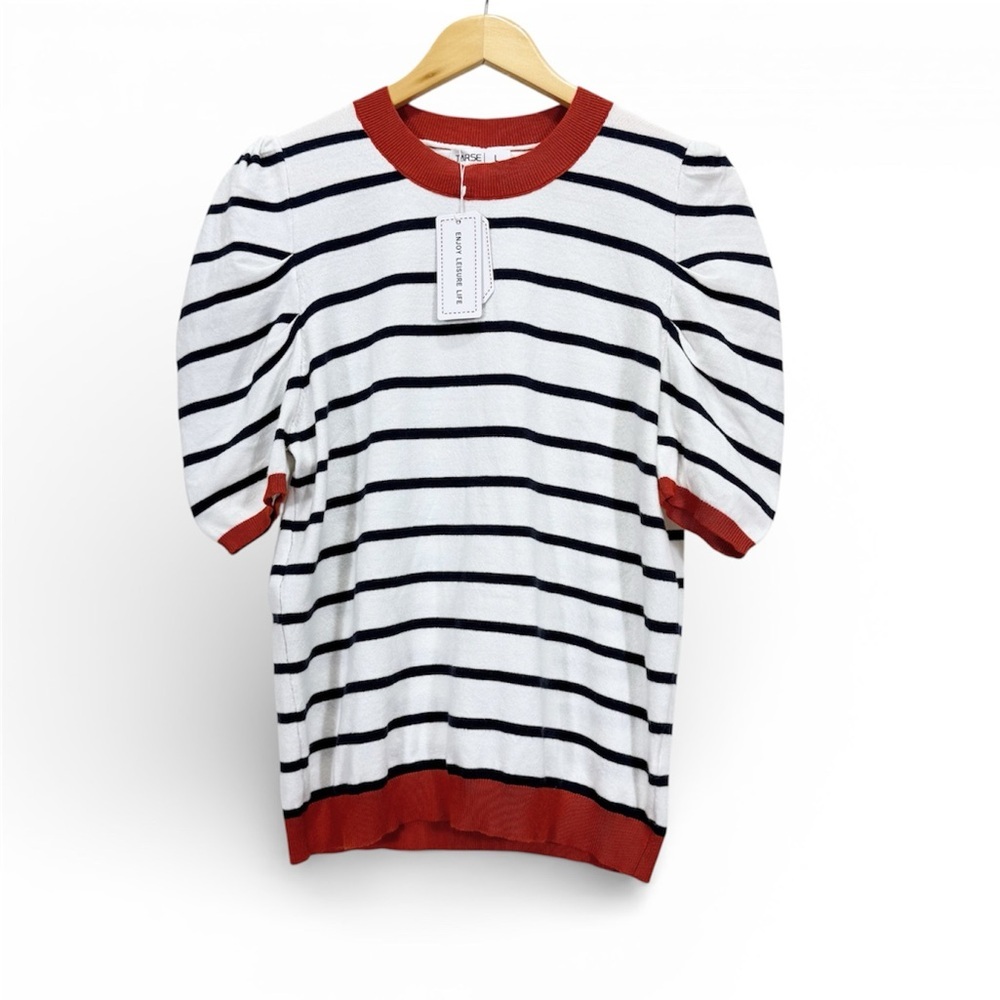 TARSE Striped Puff Sleeve Knit Top Size L Navy White Rusty Red Ribbed Trim